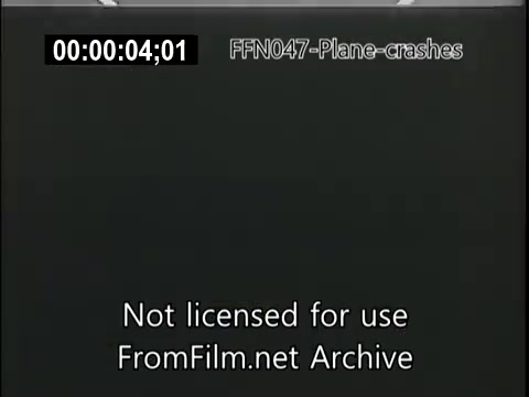 The still features a black screen with timestamps and archive information. It represents a segment from a newsreel related to plane crashes, specifically labeled 'FFN047-plane-crashes.' The context suggests it may include footage of aviation incidents or their aftermath.