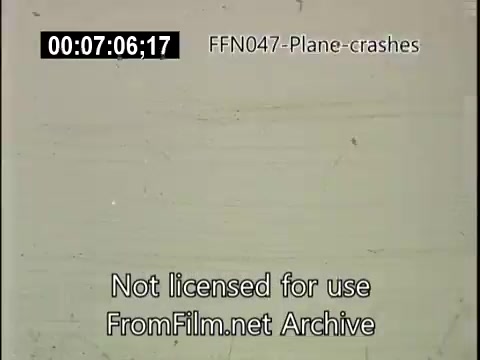 The still is from a 16mm archival film titled 'FFN047-plane-crashes-newsreel-etc.' It features a timestamp and a watermark indicating that it is not licensed for use. The content likely relates to historical footage of plane crashes, capturing significant moments from past aviation incidents. The image itself appears to show little detail, focusing instead on the overlay text.