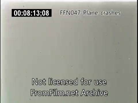 The still from 'FFN047-plane-crashes-newsreel-etc' features a blank or neutral backdrop, possibly indicating a transition or a title card. The text overlay notes that the content is not licensed for use and identifies it as part of an archive. The timestamp suggests it's a segment from a documentary focused on plane crashes.