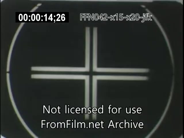 The still shows a monochromatic visual featuring a cross pattern, likely related to aerospace or aviation testing, associated with the X-15 and X-20 Dynasoar programs from the 1960s. The frame includes a timestamp and a watermark indicating it is not licensed for use, attributing it to the FromFilm.net Archive. This suggests the footage might have historical significance linked to aviation milestones or events from that era.