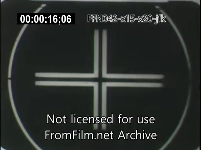 The 16mm still displays a graphic overlay featuring a crosshair design, typical in aerial or scientific footage. The timestamp indicates it's 16 seconds into the film. A watermark states it's unlicensed for use, hinting at archival content related to the X-15 and X-20 projects, along with possibly connecting to JFK-era developments in aerospace. The visual elements suggest a focus on technical or flight data analysis.