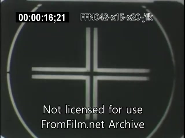 The still features a black-and-white graphic with a circular design and a cross shape in the center. It includes a timestamp (00:00:16;21) and a watermark indicating it's not licensed for use. The context suggests it's part of archival footage related to the X-15, X-20 Dynasoar programs, and possibly connected to JFK's involvement in aerospace developments.