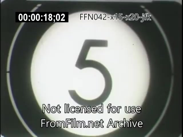 The still displays a countdown timer showing the number '5' on a circular display, indicative of film footage preparing to begin. The background is primarily black and white, typical of mid-20th century film, and it includes a watermark stating that the footage is 'Not licensed for use' from the FromFilm.net Archive. This still is likely part of a larger film related to the X-15 and X-20 aerospace programs during the era of JFK’s presidency.