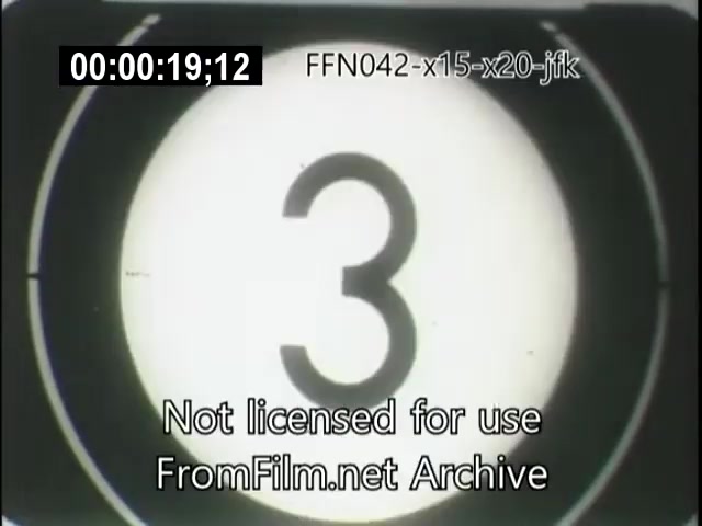The still features a countdown timer, prominently displaying the number '3' on a circular background, which is typical of film countdowns. The image is labeled with 'FFN042-x15-x20-jfk' and includes a watermark stating 'Not licensed for use.' The context suggests it relates to early aerospace footage involving the X-15 and X-20 Dynasoar programs, possibly linked to events during the Kennedy administration.
