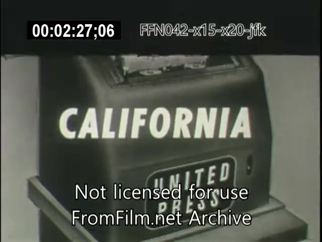 The still features a close-up of a news ticker or teletype machine displaying the word 'CALIFORNIA' prominently, alongside 'UNITED PRESS.' The background is likely historical, connecting to events related to the X-15, X-20 Dynasoar programs, and JFK, indicating it may be a clip focused on aviation or significant news from that era. The timecode suggests a specific moment in the footage, noted as not being licensed for use from the FromFilm.net Archive.