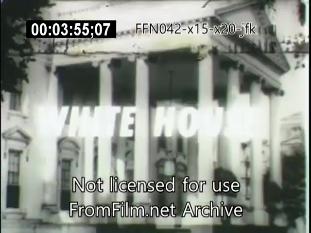 The still features text reading 'WHITE HOUSE' prominently displayed, likely overlaid on a historical image of the White House. The timecode indicates it is from a video labeled 'FFN042 x15 x20 jfk', suggesting it relates to the X-15 and X-20 Dynasoar programs, possibly during the Kennedy administration. The image is labeled as not licensed for use, indicating copyright restrictions.