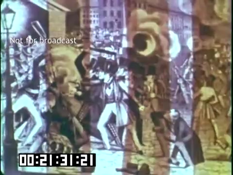 The still from the educational film 'Immigrant Heritage' featuring the Irish Rovers depicts a historical scene with chaotic elements, likely reflecting a significant moment from immigrant history. The image shows figures engaged in action, with a backdrop suggesting conflict or social upheaval. The use of color and illustration adds to the dramatic nature of the scene, encapsulating themes of struggle and resilience associated with immigrant experiences. The film aims to educate viewers on the contributions and challenges faced by immigrants, particularly within the context of Irish heritage.