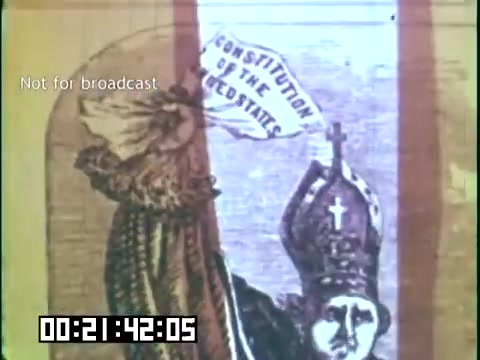 The still from 'Immigrant Heritage' features an illustration of a figure wearing religious attire, possibly symbolizing authority or tradition. The figure holds a banner that reads 'Constitution of the United States,' suggesting a connection between faith and national identity. The visual likely serves to explore themes of immigration, cultural heritage, and the influence of religious communities in America. The designation 'Not for broadcast' and the timestamp indicate it's part of an educational film.