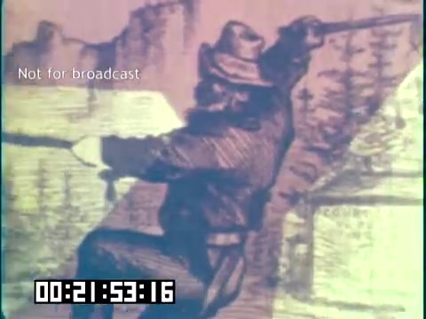 The still from 'Immigrant Heritage' features an illustration of a man, likely representing an immigrant or settler, poised with a rifle. He is dressed in period-appropriate attire, indicative of the historical context, possibly reflecting themes of migration and conflict. The background includes vague outlines of buildings, suggesting a settlement or frontier scene. The image is tinted, adding a vintage feel, and a timestamp indicates the film’s duration. The text 'Not for broadcast' appears, suggesting this is a private or archival image.