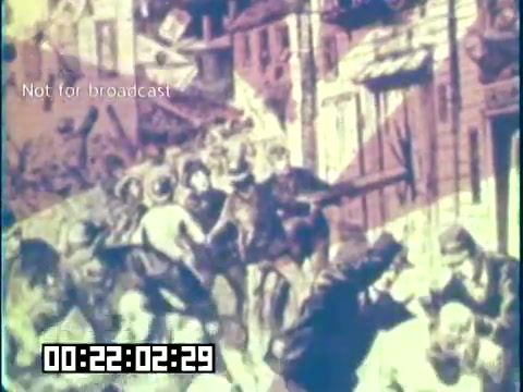 The still from 'Immigrant Heritage' features a historical scene depicting immigrant life, likely focused on Irish immigrants. The image shows a bustling street with people engaged in various activities, reflective of community interactions. Text overlays indicate it's not for broadcast, and a timecode is visible. The general tone suggests a celebration of cultural heritage, capturing the challenges and vibrancy of immigrant experiences.