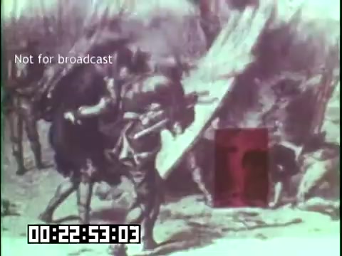 The still from 'Immigrant Heritage' features a historical scene depicting figures engaged in an activity related to migration or settlement. The image appears to be a blend of artwork or animation, capturing the struggles and experiences of immigrants, likely reflecting themes related to Irish heritage. A timecode and watermark indicating 'Not for broadcast' are present, signifying its status as archival or educational content.