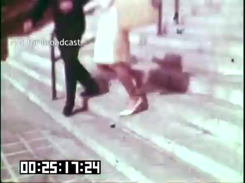 The still features individuals descending a set of stone steps. One person is dressed in a black suit, while the other wears a light-colored dress and white shoes. The scene captures a moment that likely represents themes of culture and heritage, possibly reflecting the immigrant experience in connection with the Irish Rovers’ music and storytelling. The timestamp suggests an early moment in the film.