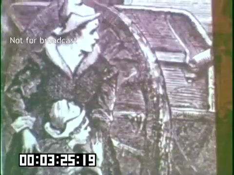 The still from the educational film 'Immigrant Heritage' featuring the Irish Rovers likely depicts an artistic representation related to immigration. It features a woman, possibly dressed in period attire, accompanied by a child. The background suggests themes of migration, possibly illustrating the experiences of Irish immigrants. A timestamp and 'Not for broadcast' label are present, indicating it is for archival purposes. The overall tone may evoke historical nostalgia related to immigrant stories.