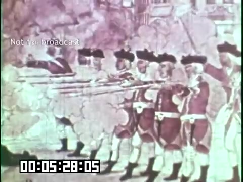 The still depicts a historical scene featuring soldiers in traditional military attire, likely from the 18th century, as they prepare to fire their weapons. The background is filled with smoke, creating a dramatic effect. This imagery is part of the educational film 'Immigrant Heritage' alongside the music of the Irish Rovers, highlighting themes of cultural history and legacy. The timestamp at the bottom indicates it's from a specific point in the film, reinforcing that it is not for broadcast.