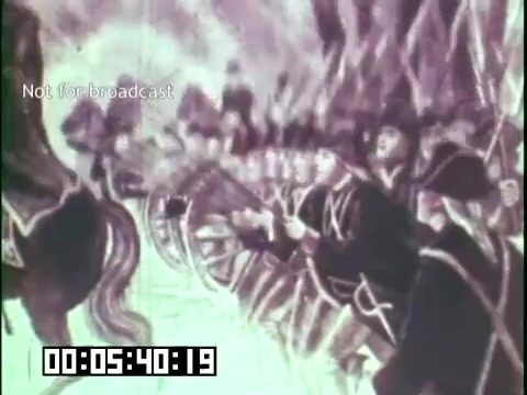 The still from 'Immigrant Heritage' features an animated depiction of soldiers on horseback, likely illustrating a historical or cultural event related to Irish heritage. The background is dramatic, emphasizing the movement and action of the scene. The film is educational in nature, focusing on immigrant experiences and contributions, with visuals that reflect the tradition and history of Irish culture. The frame has a timestamp and a notice indicating it is not for broadcast.