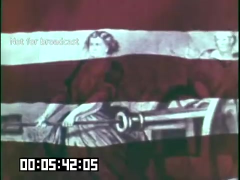 The still from 'Immigrant Heritage' features a blend of historical imagery, possibly depicting figures associated with immigration, layered against a backdrop that suggests cultural or national symbolism. There is a visible distortion or filter that alters the colors, creating an artistic effect. The time code at the bottom indicates the specific moment in the film, while the 'Not for broadcast' label suggests it's intended for private use or preservation. The overall composition communicates themes of heritage and cultural narratives, which align with the educational intent of the film.