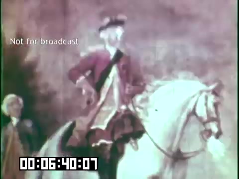 The still from the educational film 'Immigrant Heritage' featuring the Irish Rovers shows a historical figure mounted on a white horse, dressed in traditional attire. Another person, likely a companion or onlooker, stands nearby. The image has a vintage quality, indicating its 16mm origins, with faded colors enhancing its historical context. The caption indicates it is not intended for broadcast.