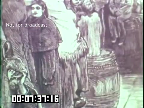 The still likely depicts a historical or artistic representation related to immigrant heritage, complementing the narrative of the educational film featuring the Irish Rovers. It features individuals, possibly immigrants, in a setting that may evoke themes of displacement or cultural roots. The presence of barrels suggests a connection to trade or transport, possibly alluding to maritime journeys of immigrants. The visual style and context aim to convey the importance of heritage and storytelling in understanding immigrant experiences.