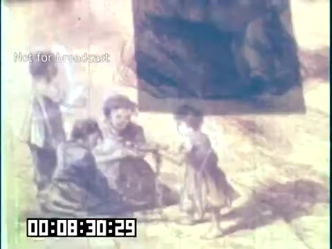 The still from 'Immigrant Heritage' features a historical scene depicting a group of children and adults in a rural setting. They appear to be engaged in an interaction, possibly sharing or exchanging something. The image has a vintage quality, typical of 16mm film, and conveys themes of community and heritage, reflecting the film's focus on immigrant experiences. The timestamp indicates it is part of a longer video, with a 'Not for broadcast' label suggesting it is for educational purposes only.