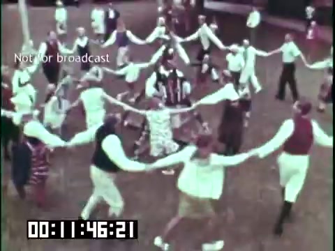 The still from 'Immigrant Heritage' features a large group of people engaged in a lively circle dance outdoors. Participants are dressed in a mix of traditional and festive attire, linking hands as they move rhythmically. The scene conveys a sense of community and celebration, highlighting cultural expression through dance. The overall atmosphere appears joyful and inclusive.
