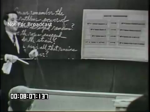 The still depicts an educational setting from the 'Sixth Grade Linguistics' film, featuring an instructor standing beside a chalkboard filled with handwritten text. The teacher is gesturing towards a visual aid, likely a chart or table, while students are seated in the foreground, engaged in the lesson. The atmosphere is focused on learning linguistic concepts.