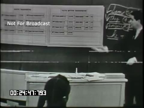 The still from the 'Sixth Grade Linguistics' educational film features a classroom setting. A teacher, standing near a chalkboard, is gesturing towards a large display with organized text columns. The focus appears to be on teaching linguistic concepts, with materials and notes scattered on a desk in the foreground. The overall atmosphere is educational and structured, aimed at a sixth-grade audience.