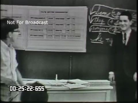 The still from the 'Sixth Grade Linguistics' educational film features two individuals in a classroom setting. One person, likely a student, is sitting at a desk, while the other appears to be a teacher standing beside a chalkboard filled with written content. Nearby, a large stack of papers is visible on the table. The atmosphere suggests a typical classroom interaction, focusing on linguistic concepts, aimed at a sixth-grade audience.