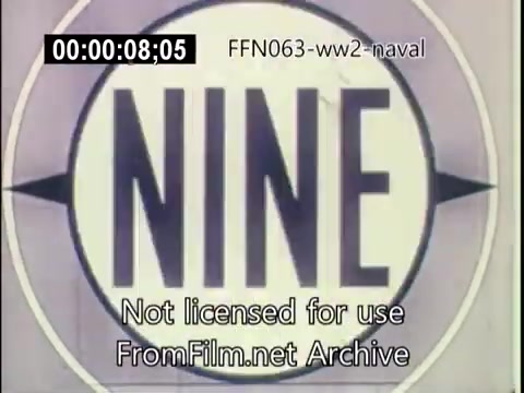 The still shows a circular graphic with the number 'NINE' prominently displayed in bold, black letters against a light background. This is part of US naval footage from World War II, likely marking a countdown or segment within the film regarding kamikaze attacks. The frame includes a timecode and a watermark indicating it is not licensed for use.