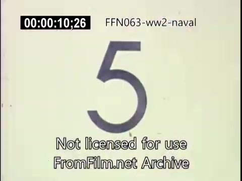 The still features a large numeral '5' prominently displayed, indicating a countdown, likely related to the context of the footage. Below it, a watermark states 'Not licensed for use' and credits 'FromFilm.net Archive.' The background appears neutral, focusing attention on the countdown, which suggests the tension and anticipation typical of naval operations during World War II, specifically related to kamikaze attacks.