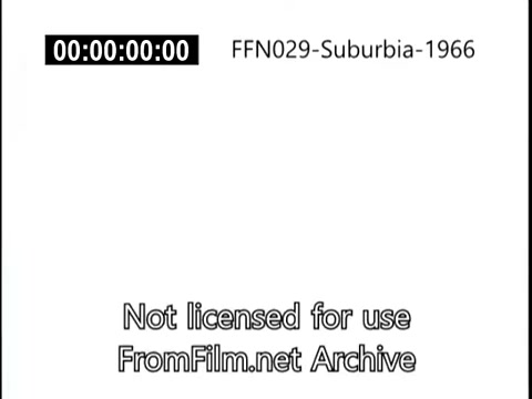 The still is a title frame from stock footage labeled 'FFN029 Suburbia - 1966.' It features a simple black and white layout, displaying a timecode (00:00:00:00) and licensing information indicating that it is not licensed for use. The visual is minimalistic, serving primarily as an identifier for the footage.