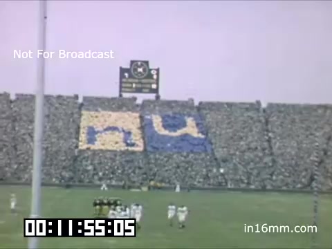 The still shows a lively football game featuring the University of Michigan Wolverines from 1948-1950. In the stands, fans have formed a large, colorful display with blue and yellow blocks spelling 'MU.' The scene captures the excitement of a game day, with a scoreboard visible in the background and the teams huddled on the field below. The atmosphere conveys a sense of school spirit and community engagement.