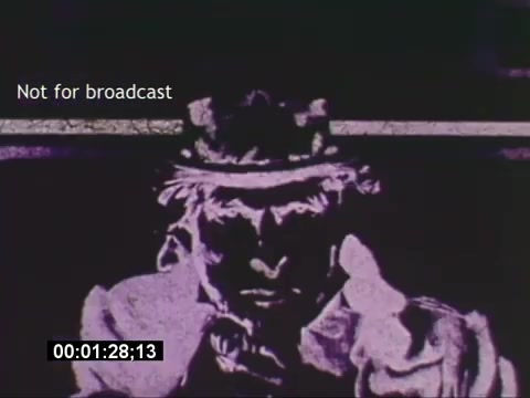 The still from the Sikorski S-76 promotional film features a stylized illustration of a figure, possibly hinting at a dramatic or serious theme. The character appears to be wearing a hat and pointing, which might suggest authority or direction. The contrasting colors contribute to an intriguing visual impact. The text 'Not for broadcast' indicates that this is likely a behind-the-scenes or unreleased segment. The timestamp at the bottom suggests that this moment occurs 1 minute and 28 seconds into the film.