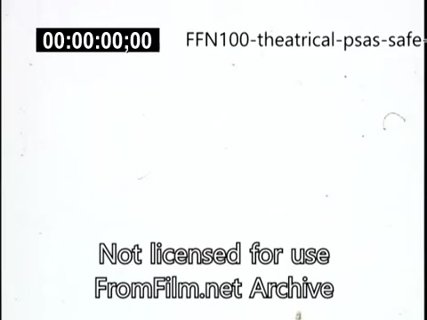 The still from '1949 Theatrical Public Service Announcements for Safe Driving' features a simple white background with text indicating a timestamp and a note stating the content is not licensed for use from FromFilm.net Archive. It likely serves as a title card for the series of PSAs focused on promoting safe driving practices from that era.