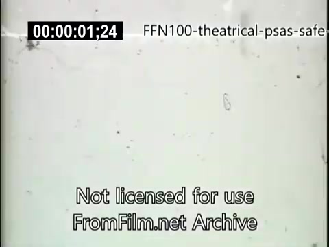 The still features a simple, blank frame with timecode information and a watermark indicating it’s not licensed for use. It is part of a collection of 1949 theatrical public service announcements focused on promoting safe driving. The lack of imagery suggests it may be an intertitle or introductory frame for a film segment aimed at raising awareness about road safety.
