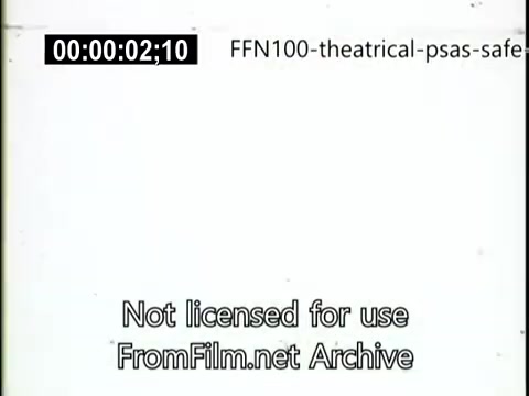 The still features a plain white background with text indicating that it is part of 'FFN100-theatrical-psas-safe' and notes that the content is 'Not licensed for use' from the 'FromFilm.net Archive.' The timestamp suggests a very brief segment. The context relates to public service announcements promoting safe driving practices from the year 1949.