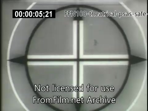 The still features a graphic overlay of a target-like symbol, commonly used as a countdown or test pattern in film. The image is likely part of a 1949 theatrical public service announcement promoting safe driving. The focus is on visual presentation, indicative of the era's approach to conveying important messages through film. The watermark indicates it’s not licensed for use, and timecode details suggest it's part of a larger sequence.
