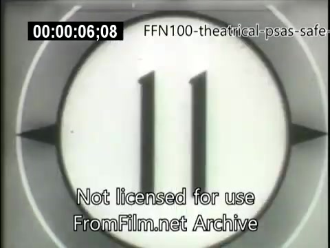 The still features a classic countdown timer, indicating '11,' likely marking the start of a public service announcement. The design is reminiscent of vintage film graphics, with a simple black and white aesthetic typical of the late 1940s. The context suggests that this is part of a series aimed at promoting safe driving. The text overlay indicates that the material is not licensed for use and is from the FromFilm.net Archive.