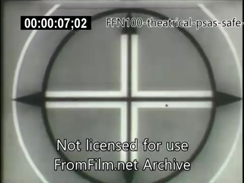 The still features a classic test pattern used in 1949 theatrical public service announcements for safe driving. It consists of a circular design with intersecting lines creating a cross pattern, set against a muted background. The image is marked with a timestamp and a watermark indicating it's not licensed for use. The overall aesthetic reflects the style of mid-20th century film visuals, commonly used for announcements and educational content.