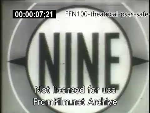 The still features the bold text 'NINE' prominently displayed in the center against a circular backdrop. This is likely part of a series of public service announcements from 1949 focused on safe driving, emphasizing key safety messages to encourage responsible behavior on the road. The visual style is simple and direct, typical of mid-20th century graphics used in educational films.