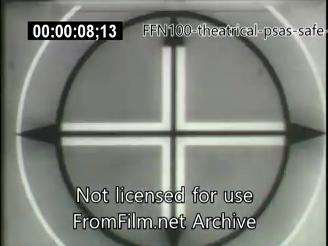 The still features a crosshair design, typical of 16mm film formatting, likely used for calibration or focus. It is part of a 1949 theatrical public service announcement aimed at promoting safe driving. The use of a simple graphical motif emphasizes clarity and attention to traffic safety messages. The text notes it is not licensed for use from the FromFilm.net Archive.