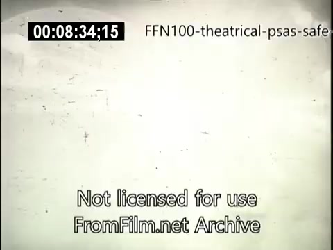 The still appears to be a frame from a 16mm film of a 1949 theatrical public service announcement focusing on safe driving. It includes a timestamp and a disclaimer indicating it's not licensed for use, along with text from the FromFilm.net Archive. The visual quality seems aged, characteristic of mid-20th century film, and may feature a simple and informative message about driving safety typical of that era's public service efforts.