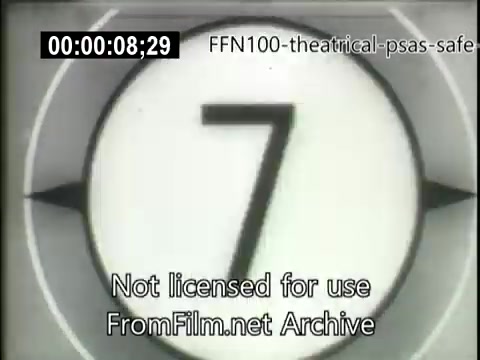 The still features a countdown with the number '7' prominently displayed in the center against a circular background, typical of mid-20th-century film graphics. The image is likely part of a theatrical public service announcement from 1949 focused on promoting safe driving. It includes a watermark stating 'Not licensed for use' and indicates its archival source.