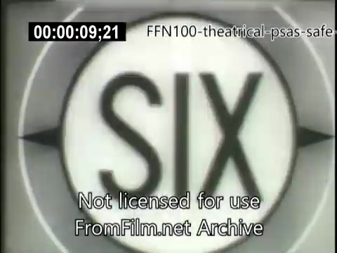 The still features a stylized graphic design with the number 'SIX' prominently displayed in the center. It is likely part of a theatrical public service announcement from 1949 focused on safe driving. The visual may use simple shapes and monochromatic tones typical of that era's design aesthetic, aiming to convey an important safety message succinctly. The image is marked with text indicating it is not licensed for use and references its archival status.