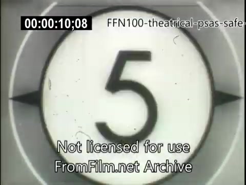 The still features a countdown timer displaying the number '5' in a circular format, indicating that a segment of the 1949 theatrical public service announcements for safe driving is about to begin. The visual elements suggest a vintage film quality, typical of that era. A watermark mentions that the content is not licensed for use and references the FromFilm.net Archive.
