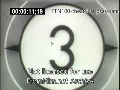 The still features a countdown from 3 in a circular frame, typical of film projectors. It indicates the beginning of a segment from a 1949 theatrical public service announcement focused on safe driving. The overall design is simple and reminiscent of mid-20th century film aesthetics, intended to capture viewers' attention before conveying important safety messages. The text at the bottom notes that the content is not licensed for use.