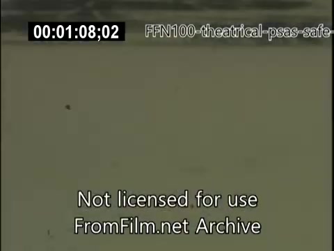 The still is from a 16mm film titled '1949 Theatrical Public Service Announcements for Safe Driving.' It likely features a faded or muted visual typical of that era, emphasizing the importance of safe driving practices. The text overlay indicates that the content is not licensed for use and is sourced from the FromFilm.net Archive. Overall, it seeks to encourage responsible driving habits through a period-specific lens.