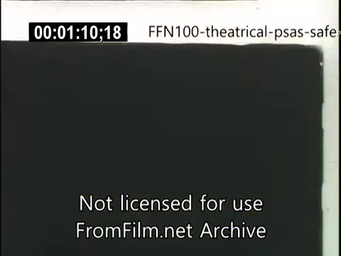 The still from the 1949 theatrical public service announcements for safe driving features a simple black screen. There is a timestamp in the top left corner, indicating the duration of the footage, and a watermark at the bottom that reads 'Not licensed for use FromFilm.net Archive.' There are no images or text related to driving safety visible in this frame.