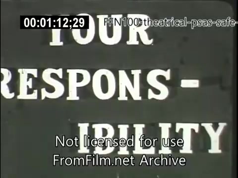 The still features a close-up of the text 'YOUR RESPONSIBILITY' in bold letters. It is taken from a 16mm public service announcement from 1949, aimed at promoting safe driving practices. The emphasis on responsibility suggests a focus on driver accountability and safety awareness during that era. The visual design appears minimalistic, characteristic of mid-20th century advertising and public service messages.