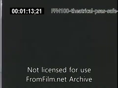 The still is from a 16mm film labeled 'FFN100 theatrical PSAs - safe driving,' identified as a 1949 public service announcement promoting safe driving practices. The image likely features minimal visual content, focusing on conveying a message about road safety. Text on the screen indicates that it is not licensed for use and cites the FromFilm.net Archive.