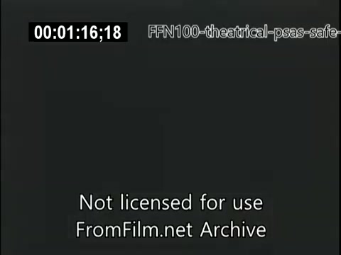 The still is a frame from a 16mm film featuring a public service announcement from 1949 focused on safe driving. The image, with a simple black background, includes a timecode overlay and a watermark indicating it's not licensed for use, alongside a credit to FromFilm.net Archive. The overall presentation suggests a vintage educational format aimed at promoting road safety.